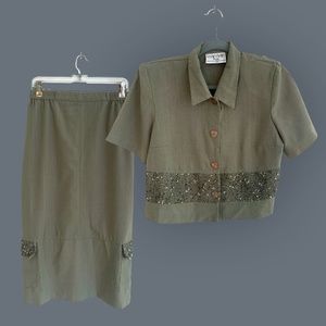 Vintage 90s Olive Skirt and Button Up Set